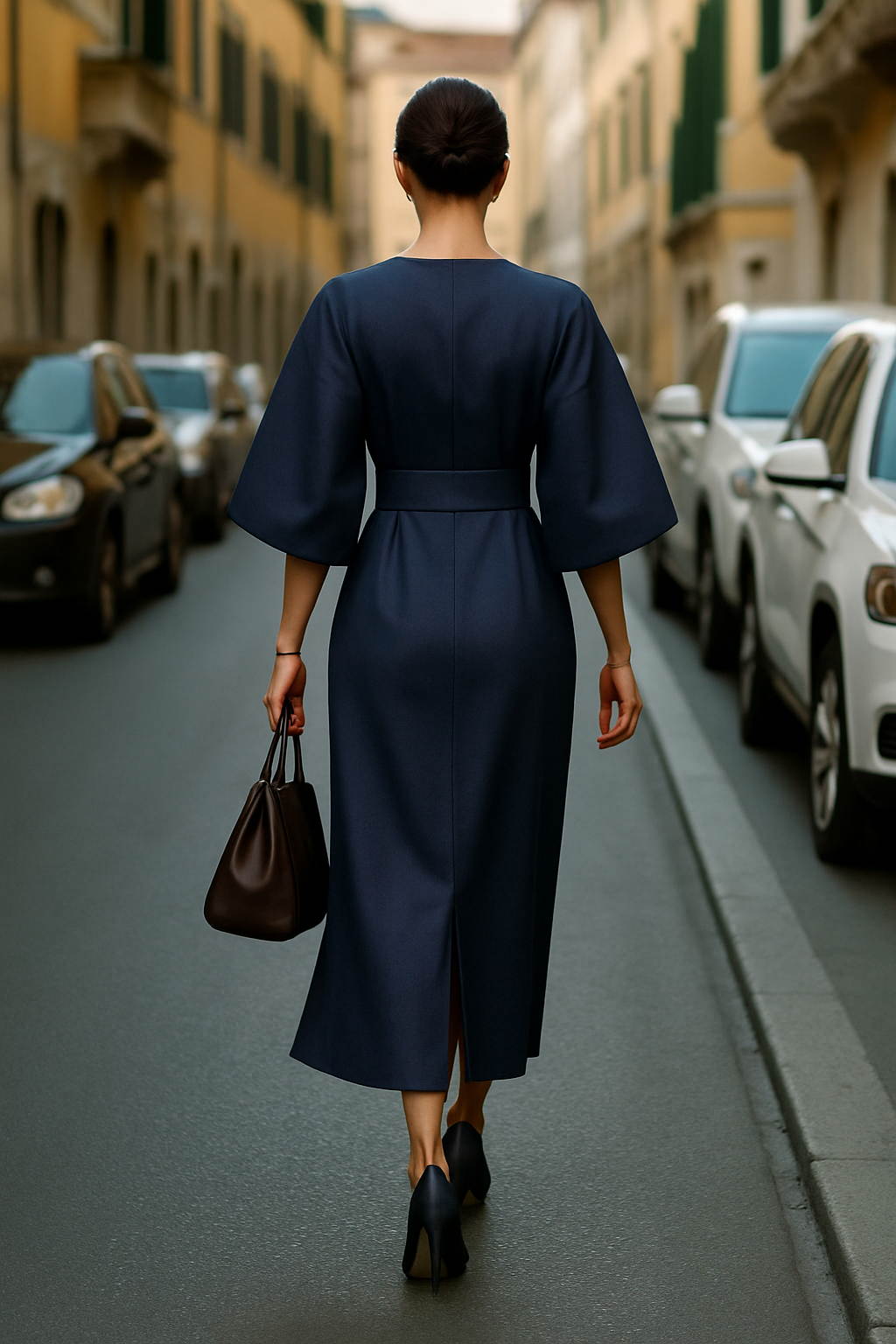 Elegant Belted Midi Dress for Women with Round Neck Bell Sleeve Wrap Flowing Style