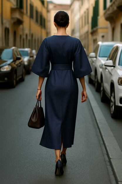 Elegant Belted Midi Dress for Women with Round Neck Bell Sleeve Wrap Flowing Style