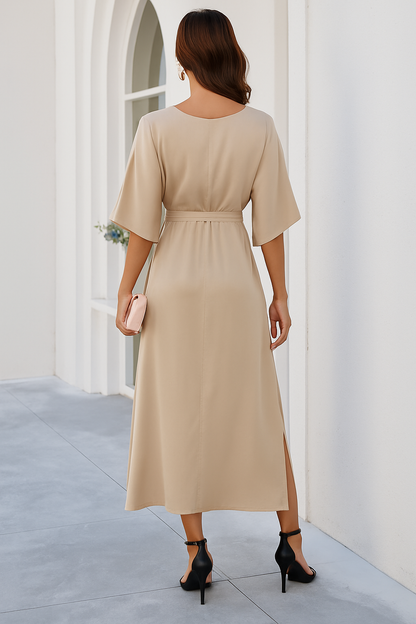 Elegant Midi Dress for Women with V Neck Bell Sleeve Tie Waist High Slit Flowing Style