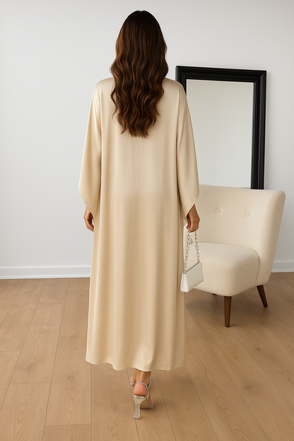 Elegant Satin Maxi Dress for Women with Boat Neck Cape Sleeve Flowing Kaftan Style