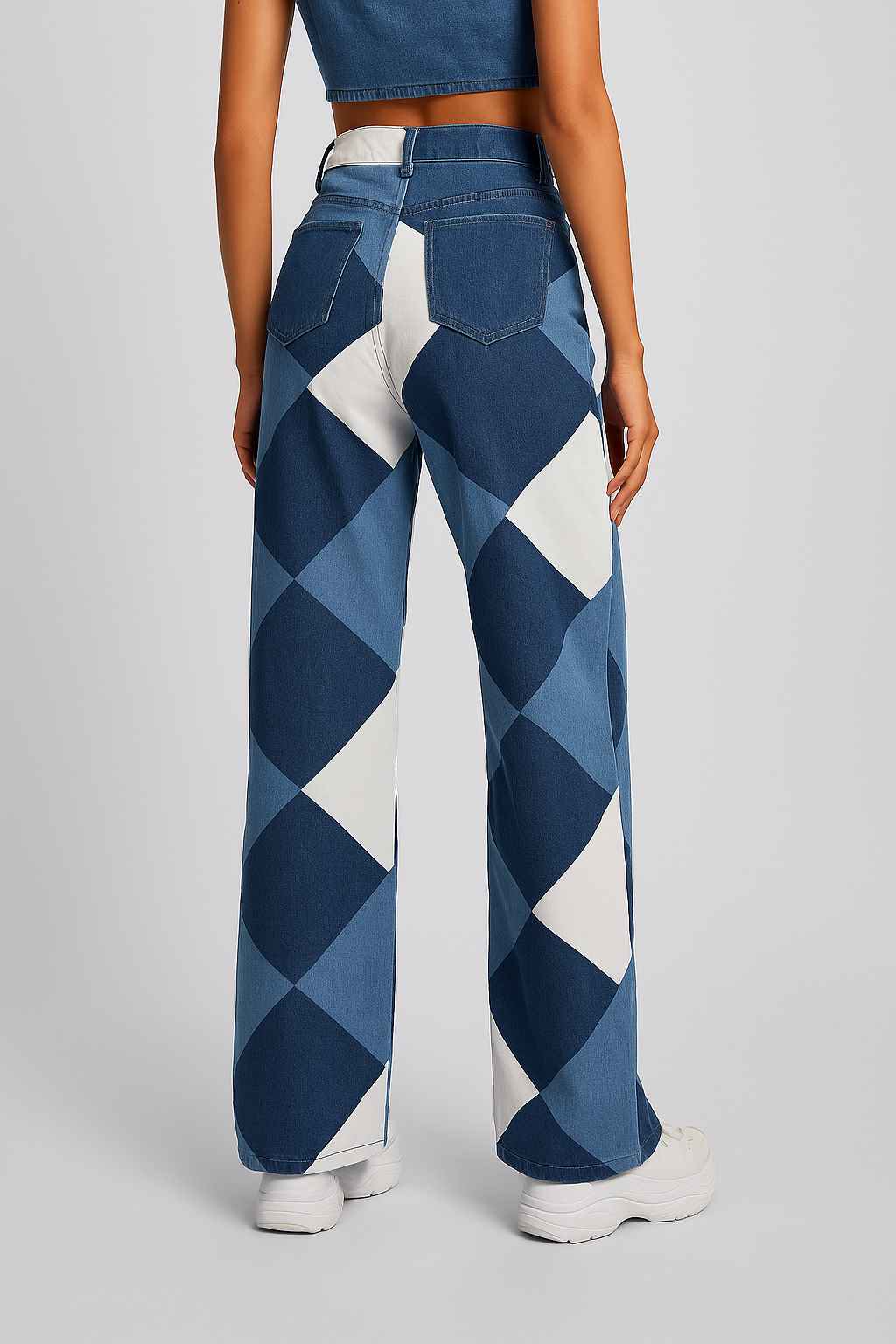 Effortless Blue Colorblock Wide Leg Jeans for Women with High Waist Geometric Print Relaxed Casual Style