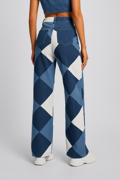 Effortless Blue Colorblock Wide Leg Jeans for Women with High Waist Geometric Print Relaxed Casual Style
