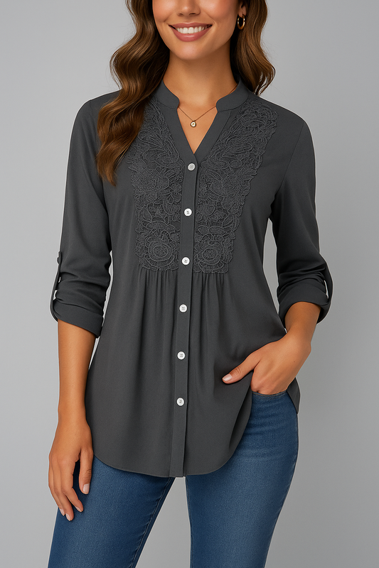 Effortless Lace Panel Tunic Blouse for Women with V Neck Roll Tab Sleeve Button Front Relaxed Style