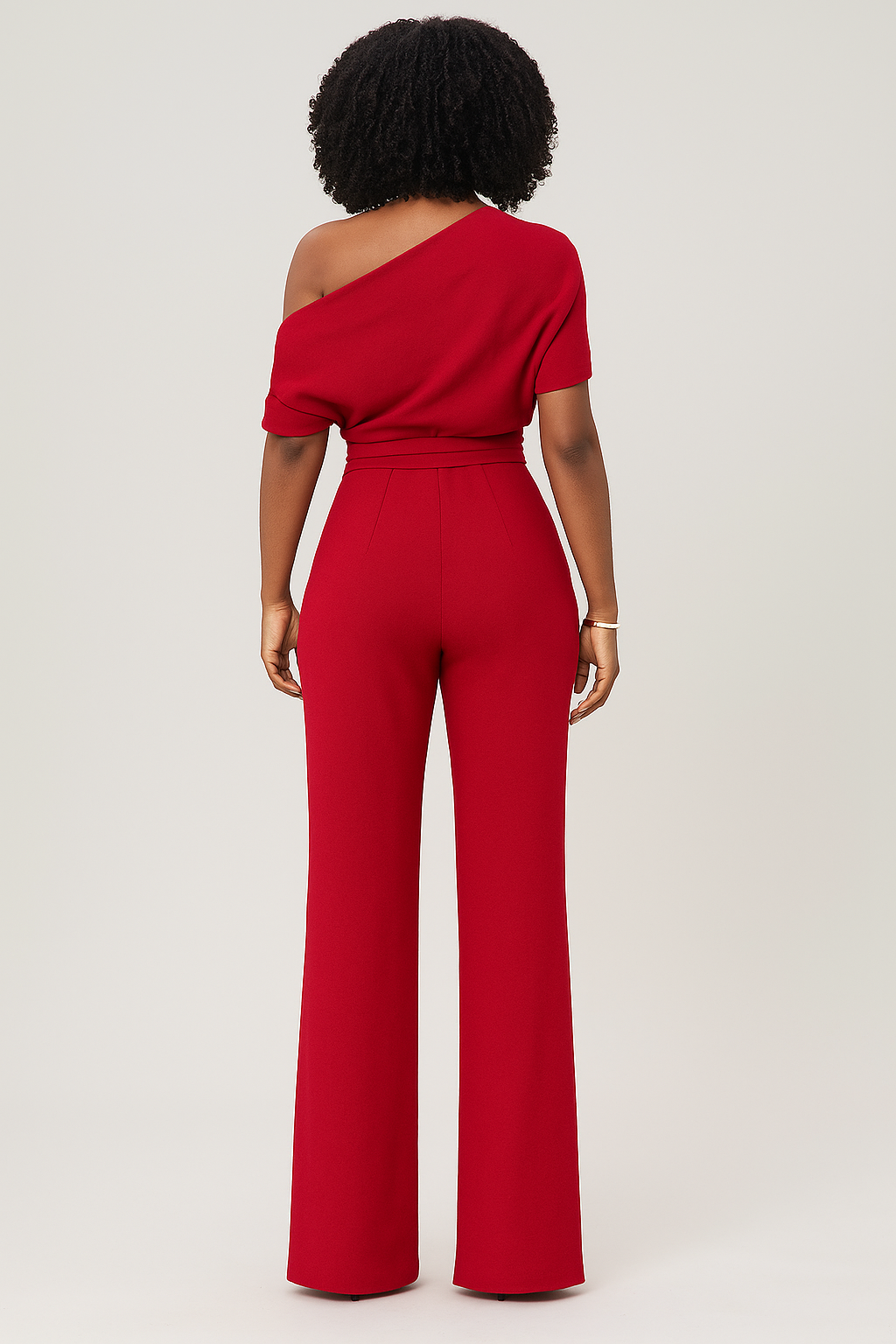 Elegant Wide Leg Jumpsuit for Women with One Shoulder Batwing Sleeve Belted Waist Formal Style