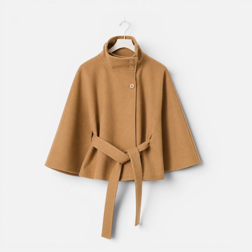 Elegant Wool Blend Poncho for Women with High Neck Cape Sleeve Belted Button Front Style