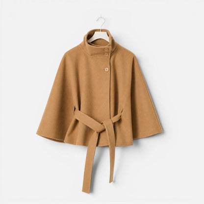 Elegant Wool Blend Poncho for Women with High Neck Cape Sleeve Belted Button Front Style