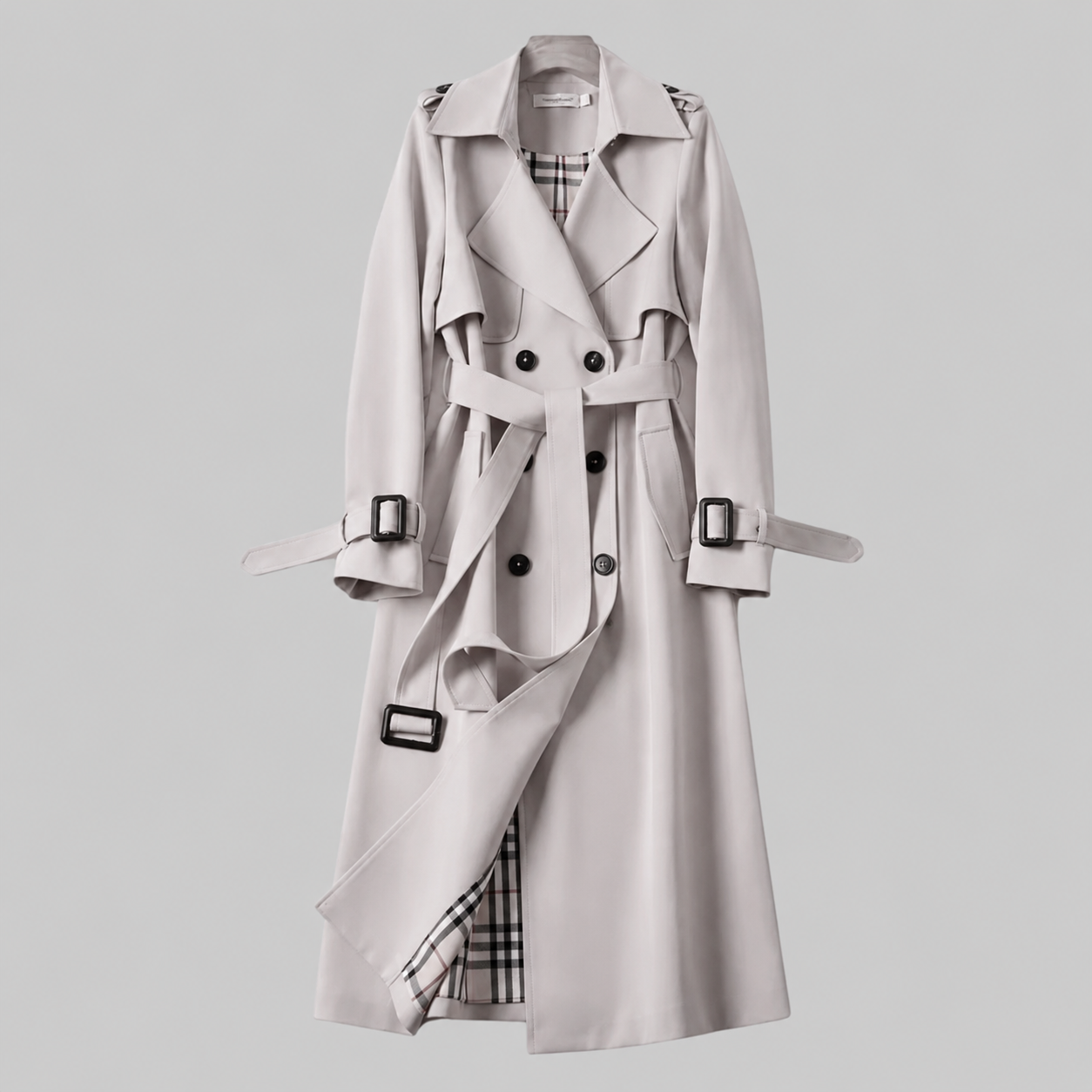 Elegant Trench Coat for Women with Lapel Collar Belted Waist Double Breasted Longline Style
