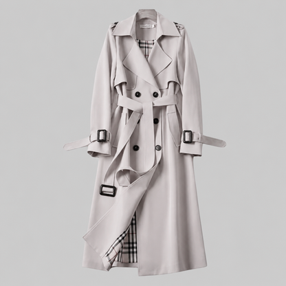 Elegant Trench Coat for Women with Lapel Collar Belted Waist Double Breasted Longline Style