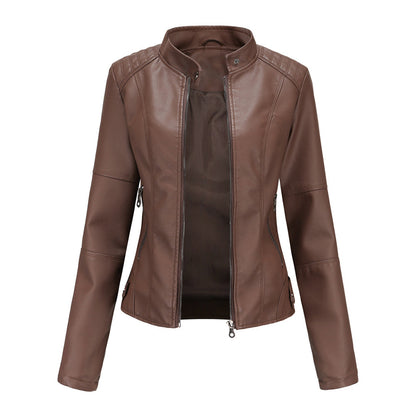 Effortless Faux Leather Biker Jacket for Women with Stand Collar Long Sleeve Cropped Zip Front Style