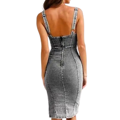 Elegant Denim Dress for Women with Square Neck Sleeveless Zip Front Bodycon Midi Style