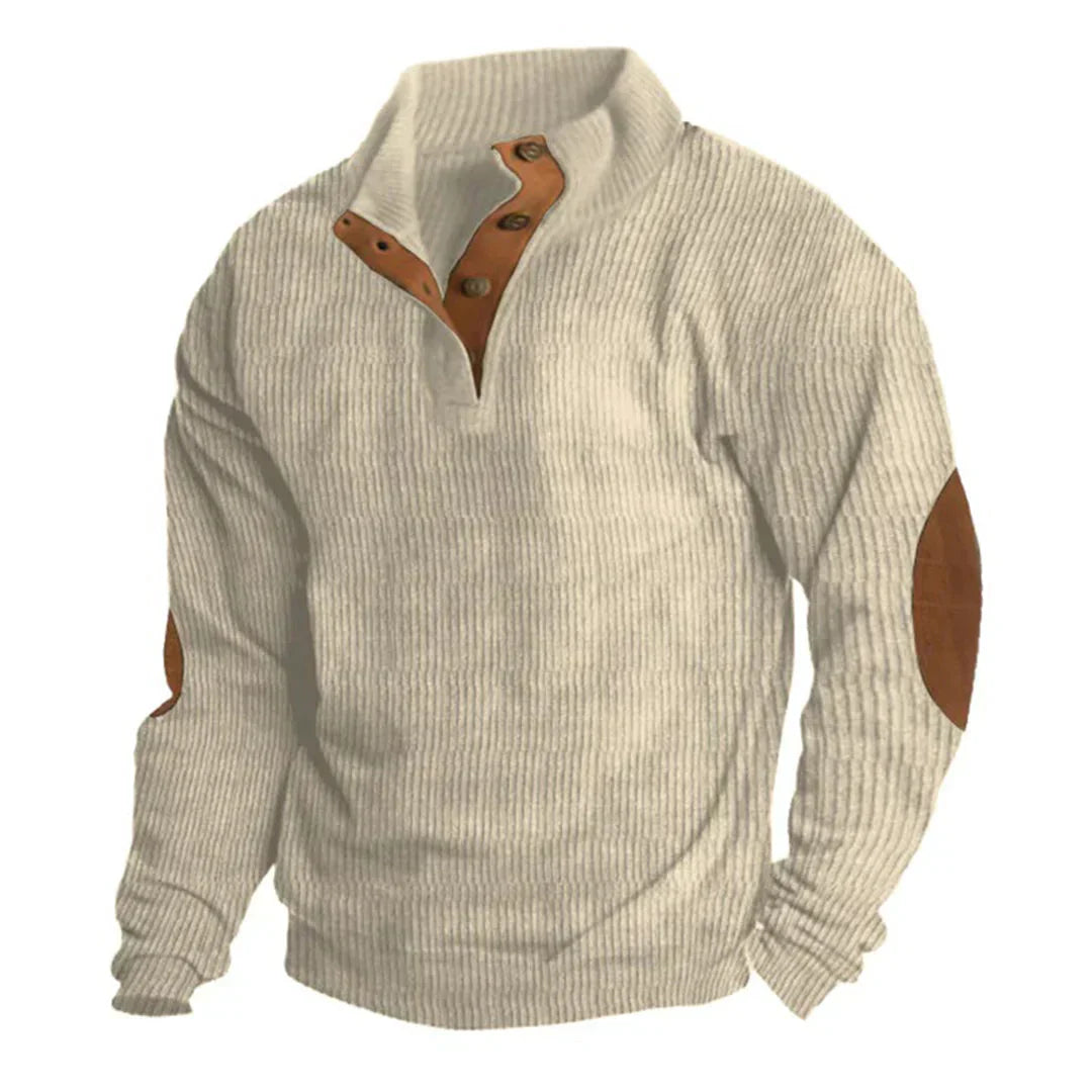 Cozy Ribbed Knit Button Sweater for Men with Stand Collar Long Sleeve Elbow Patch Pullover Style
