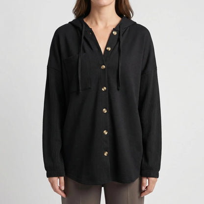 Cozy Shacket for Women with Hooded Collar Long Sleeve Button Front Knit Panel Oversized Style