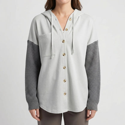 Cozy Shacket for Women with Hooded Collar Long Sleeve Button Front Knit Panel Oversized Style