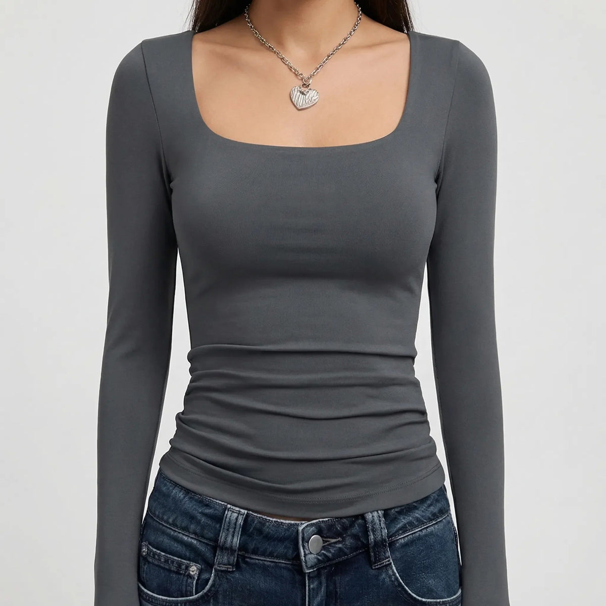 Stylish Cropped Top for Women with Square Neck Long Sleeve Fitted Slim Basic Style