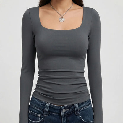 Stylish Cropped Top for Women with Square Neck Long Sleeve Fitted Slim Basic Style