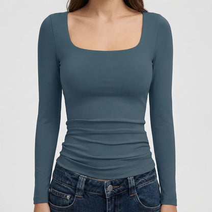 Stylish Cropped Top for Women with Square Neck Long Sleeve Fitted Slim Basic Style