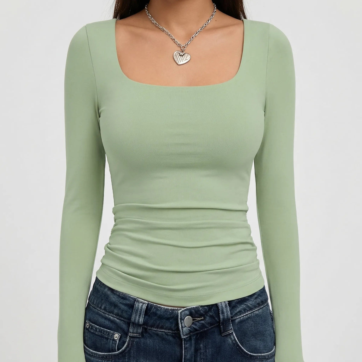 Stylish Cropped Top for Women with Square Neck Long Sleeve Fitted Slim Basic Style