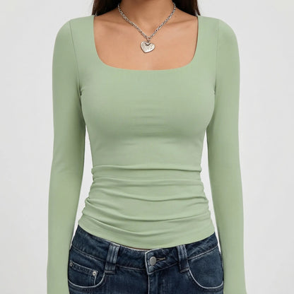 Stylish Cropped Top for Women with Square Neck Long Sleeve Fitted Slim Basic Style