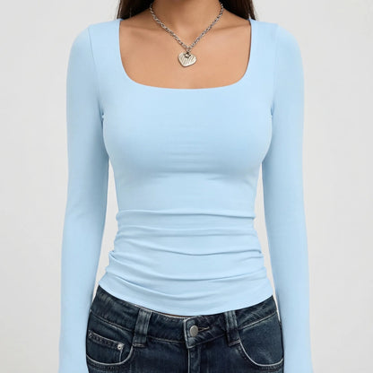 Stylish Cropped Top for Women with Square Neck Long Sleeve Fitted Slim Basic Style