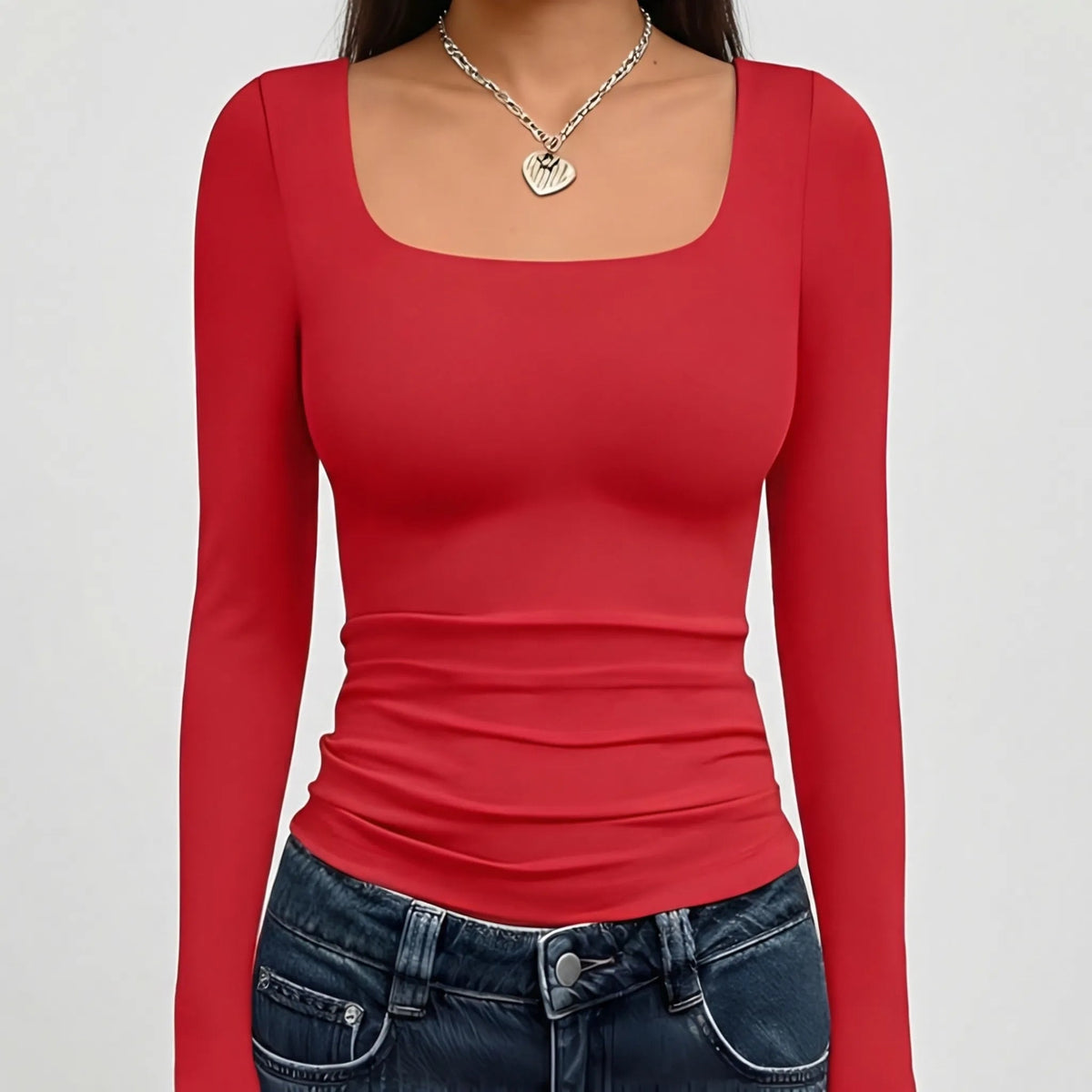 Stylish Cropped Top for Women with Square Neck Long Sleeve Fitted Slim Basic Style
