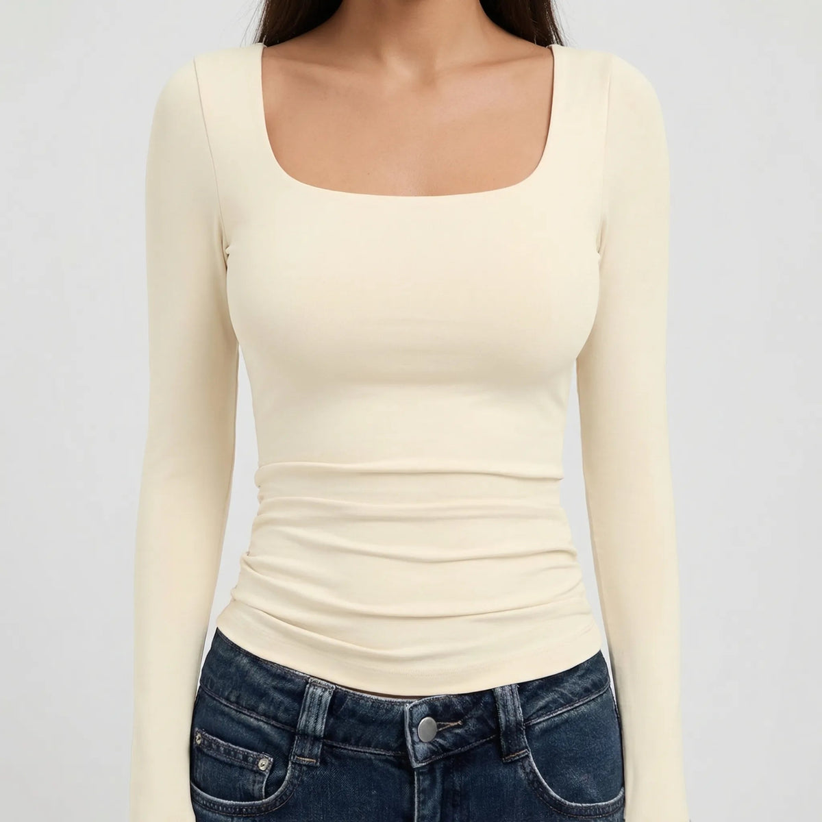 Stylish Cropped Top for Women with Square Neck Long Sleeve Fitted Slim Basic Style