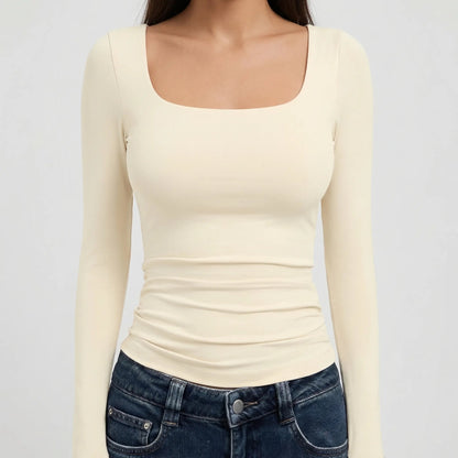 Stylish Cropped Top for Women with Square Neck Long Sleeve Fitted Slim Basic Style