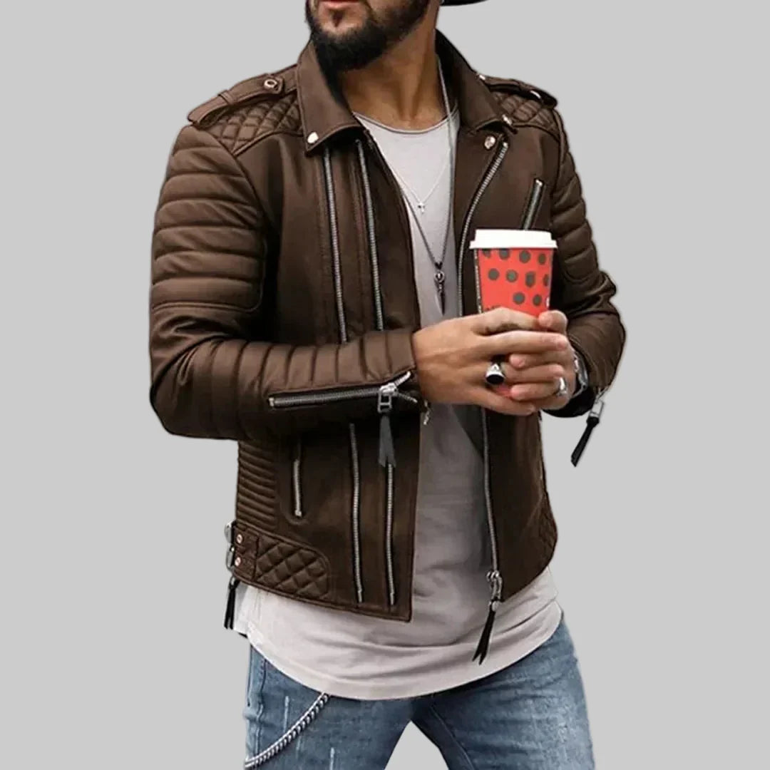 Edgy Leather Jacket for Men with Notch Lapel Long Sleeve Asymmetric Zip Quilted Moto Style