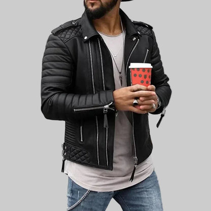 Edgy Leather Jacket for Men with Notch Lapel Long Sleeve Asymmetric Zip Quilted Moto Style