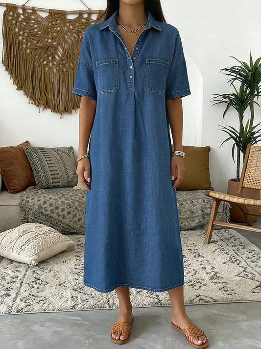 Effortless Blue Denim Dress for Women with Shirt Collar Short Sleeve Patch Pocket Maxi Style