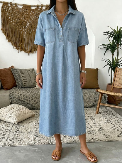 Effortless Blue Denim Dress for Women with Shirt Collar Short Sleeve Patch Pocket Maxi Style