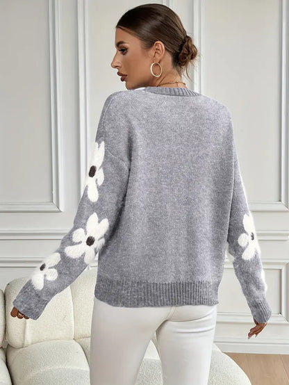 Comfortable Floral Sweater for Women with Crew Neck Long Sleeve Relaxed Oversized Knit Style