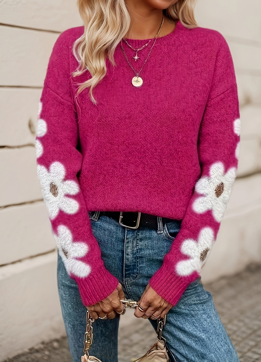 Comfortable Floral Sweater for Women with Crew Neck Long Sleeve Relaxed Oversized Knit Style