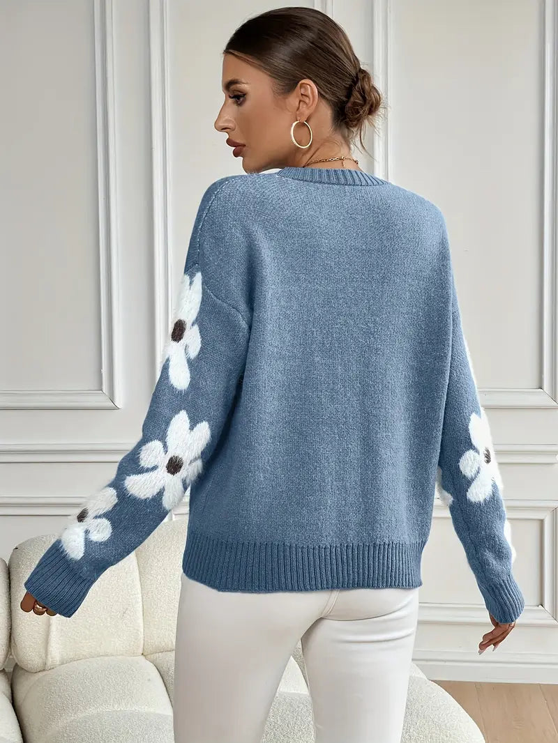 Comfortable Floral Sweater for Women with Crew Neck Long Sleeve Relaxed Oversized Knit Style
