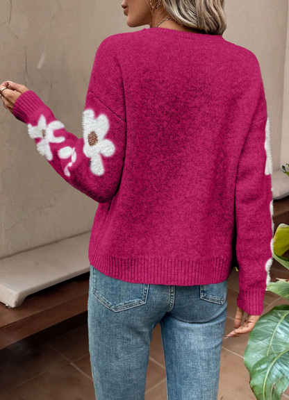Comfortable Floral Sweater for Women with Crew Neck Long Sleeve Relaxed Oversized Knit Style
