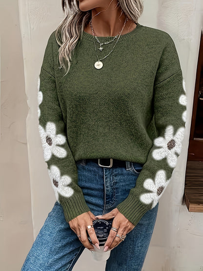 Comfortable Floral Sweater for Women with Crew Neck Long Sleeve Relaxed Oversized Knit Style