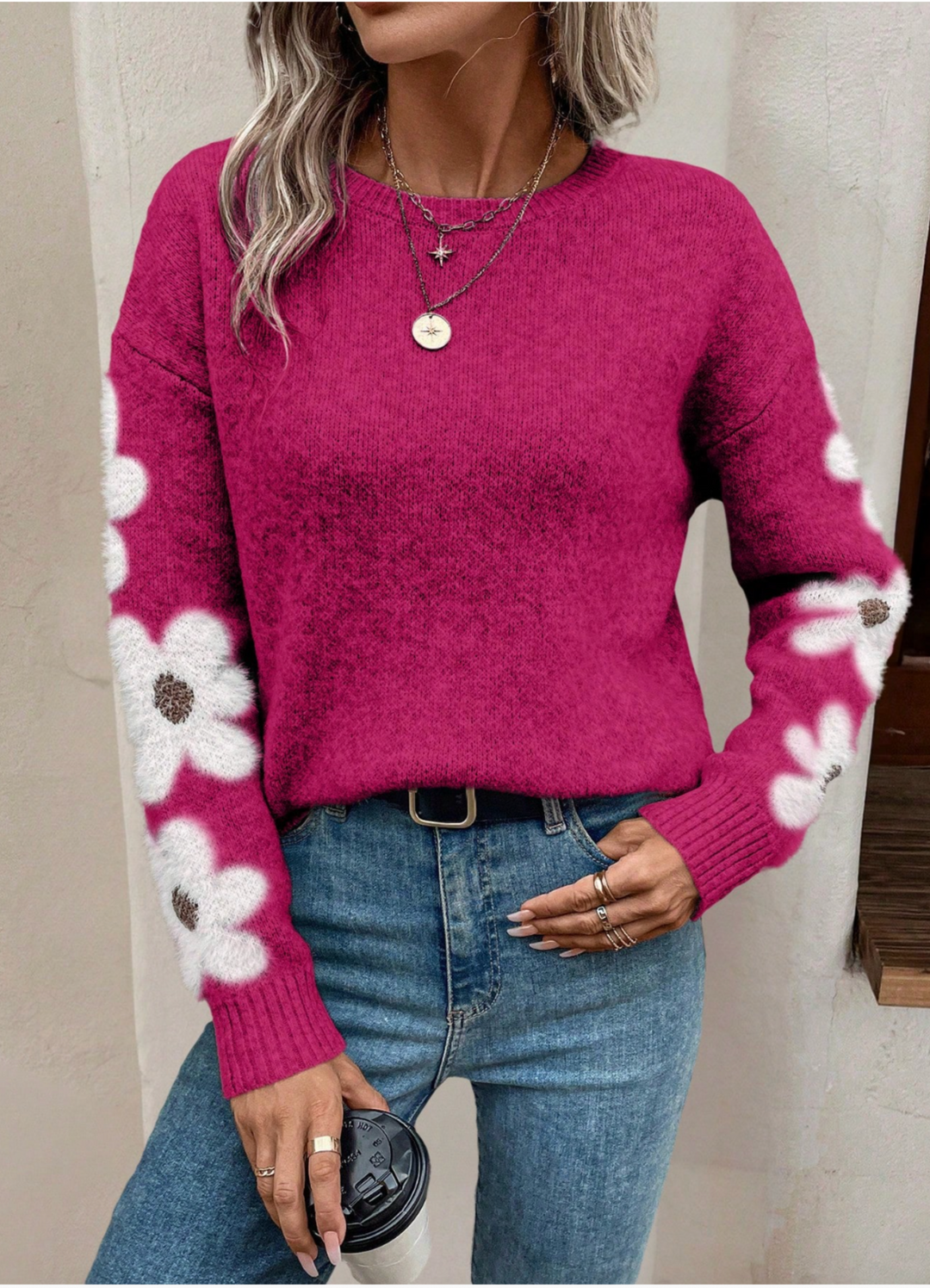 Comfortable Floral Sweater for Women with Crew Neck Long Sleeve Relaxed Oversized Knit Style