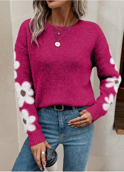 Comfortable Floral Sweater for Women with Crew Neck Long Sleeve Relaxed Oversized Knit Style