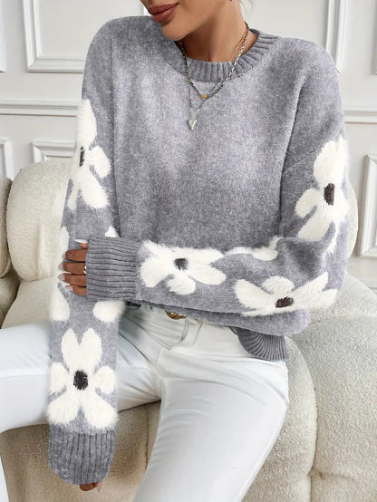 Comfortable Floral Sweater for Women with Crew Neck Long Sleeve Relaxed Oversized Knit Style