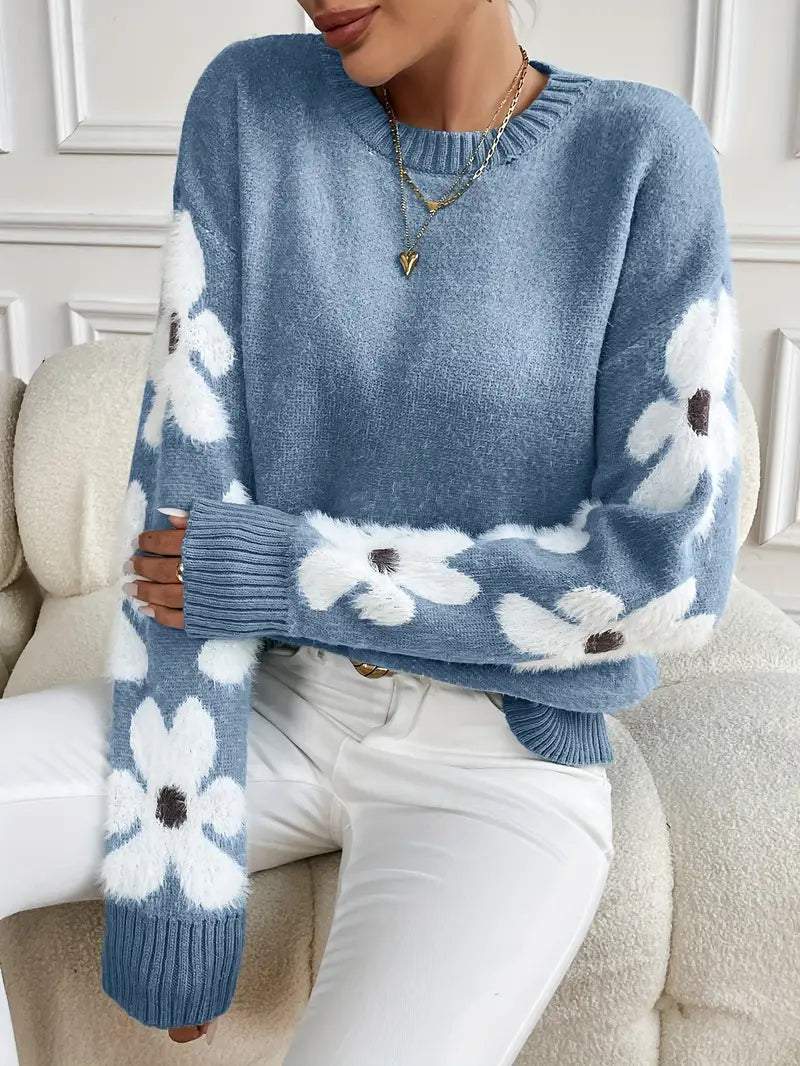 Comfortable Floral Sweater for Women with Crew Neck Long Sleeve Relaxed Oversized Knit Style