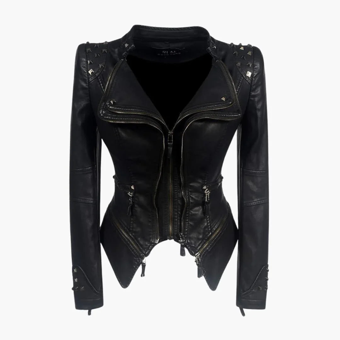 Elegant Black Leather Jacket for Women with Studded Shoulder Long Sleeve Peplum Biker Style