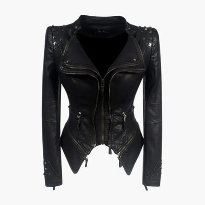 Elegant Black Leather Jacket for Women with Studded Shoulder Long Sleeve Peplum Biker Style