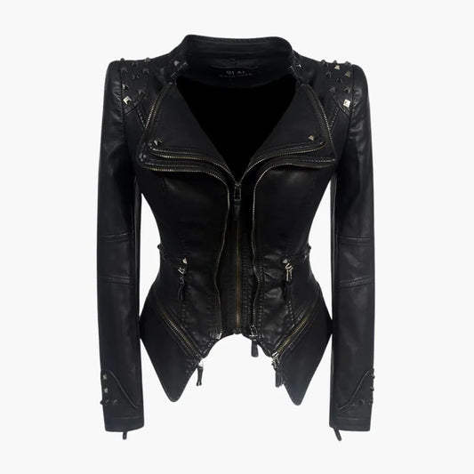 Elegant Black Leather Jacket for Women with Studded Shoulder Long Sleeve Peplum Biker Style