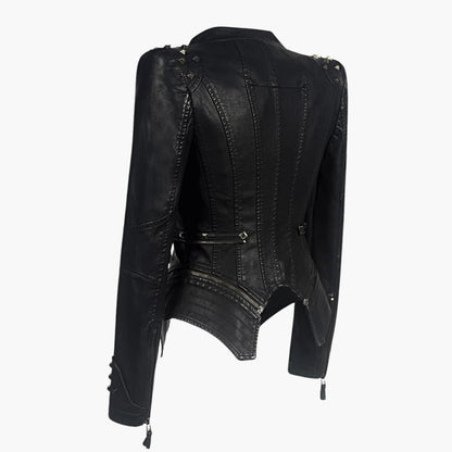 Elegant Black Leather Jacket for Women with Studded Shoulder Long Sleeve Peplum Biker Style