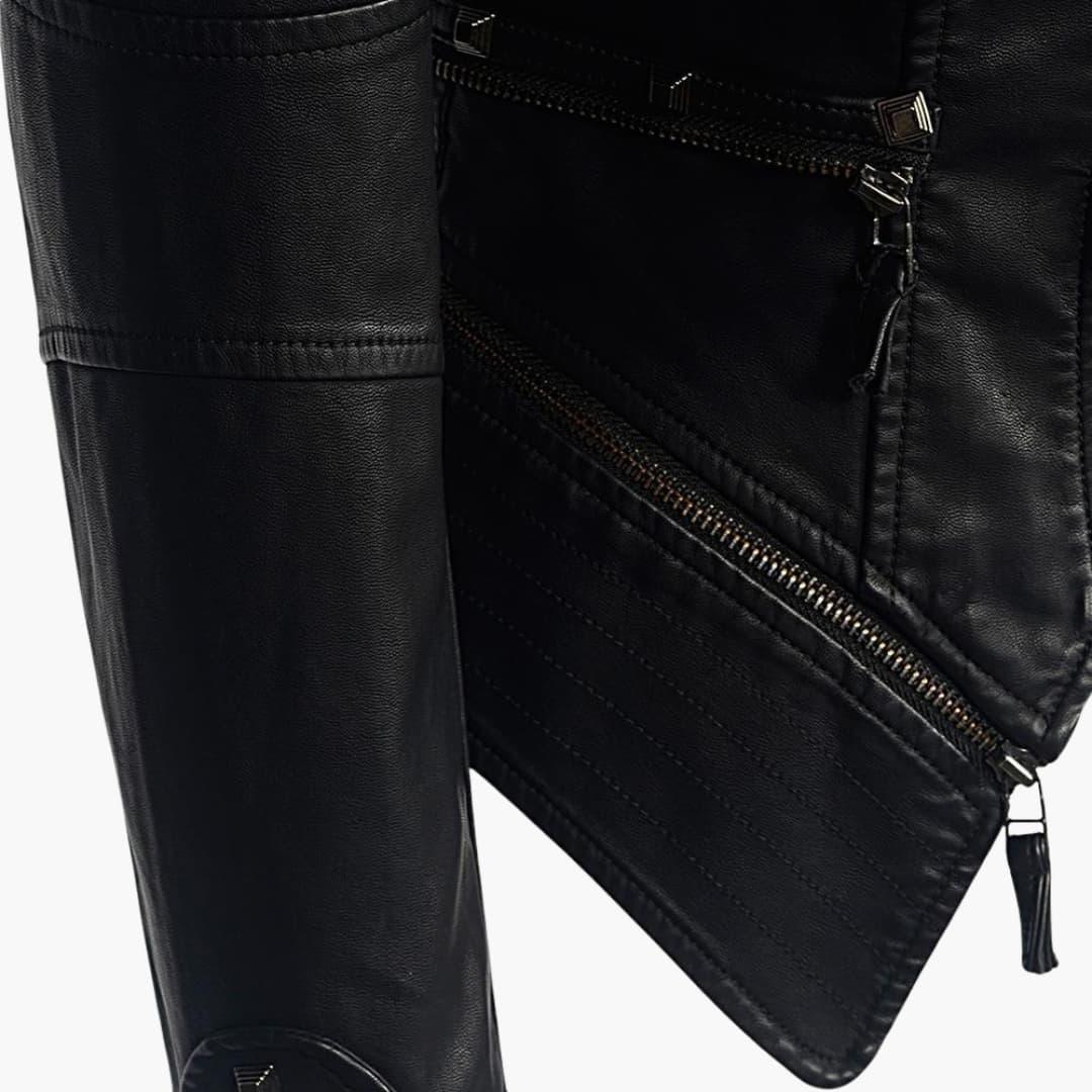 Elegant Black Leather Jacket for Women with Studded Shoulder Long Sleeve Peplum Biker Style