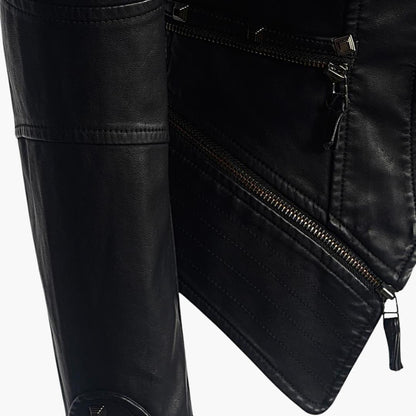 Elegant Black Leather Jacket for Women with Studded Shoulder Long Sleeve Peplum Biker Style