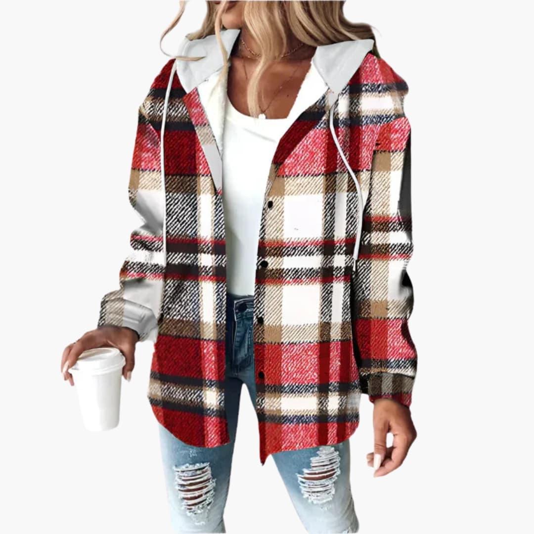 Cozy Plaid Shacket for Women with Hooded Collar Long Sleeve Snap Front Flannel Style