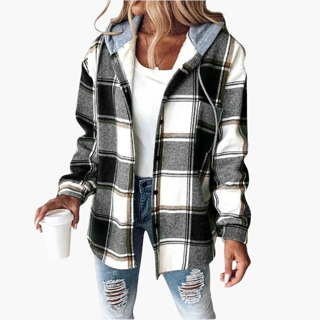 Cozy Plaid Shacket for Women with Hooded Collar Long Sleeve Snap Front Flannel Style