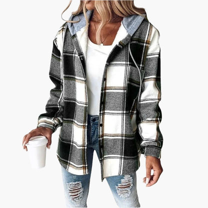 Cozy Plaid Shacket for Women with Hooded Collar Long Sleeve Snap Front Flannel Style