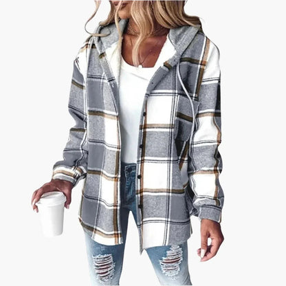 Cozy Plaid Shacket for Women with Hooded Collar Long Sleeve Snap Front Flannel Style