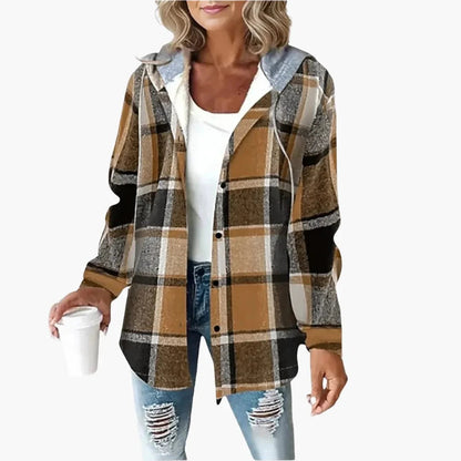 Cozy Plaid Shacket for Women with Hooded Collar Long Sleeve Snap Front Flannel Style